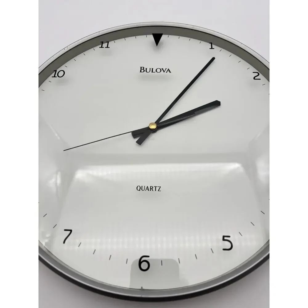 Bulova Quartz White Wall Clock 12”x 12”. Tested Works. Very Good Condition.